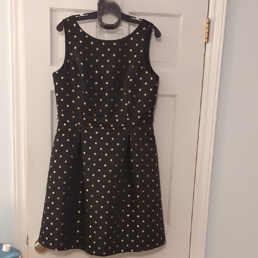 White House Black Market Gold Metallic Polka Dot Black Satin Dress, Large